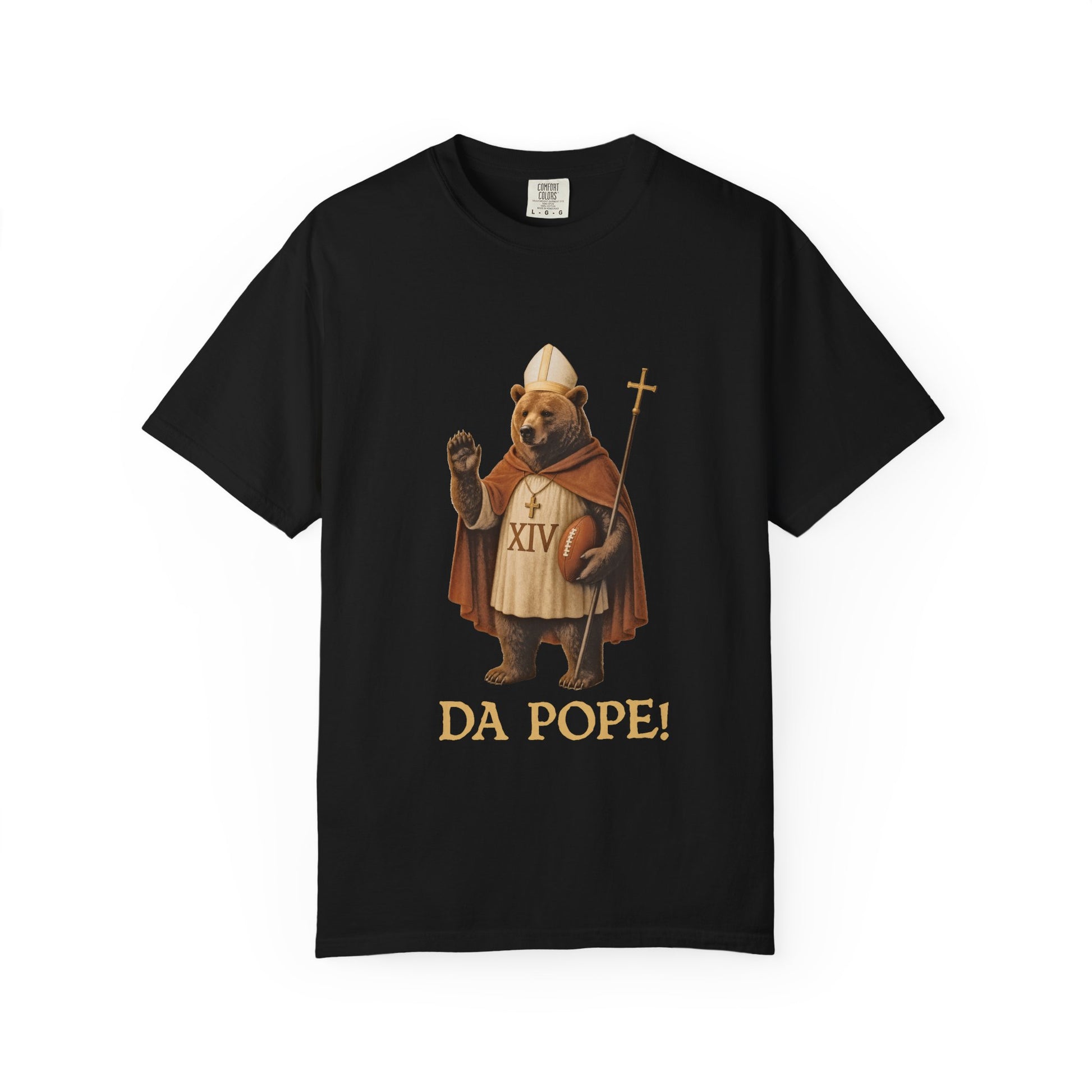 The front side of a black colored t shirt with a design of a Bear dressed as the pope with the saying DA POPE! below.