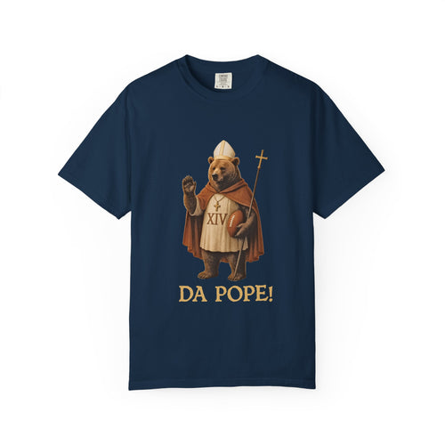 The front side of a true navy colored t shirt with a design of a Bear dressed as the pope with the saying DA POPE! below.