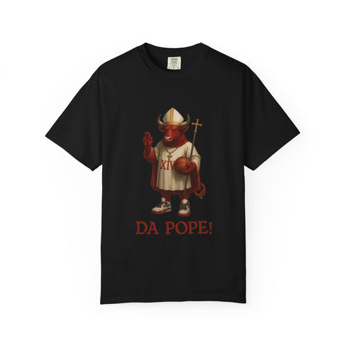 The front side of a black colored t shirt with a design of Red Bull dressed as the pope with the saying DA POPE! below.