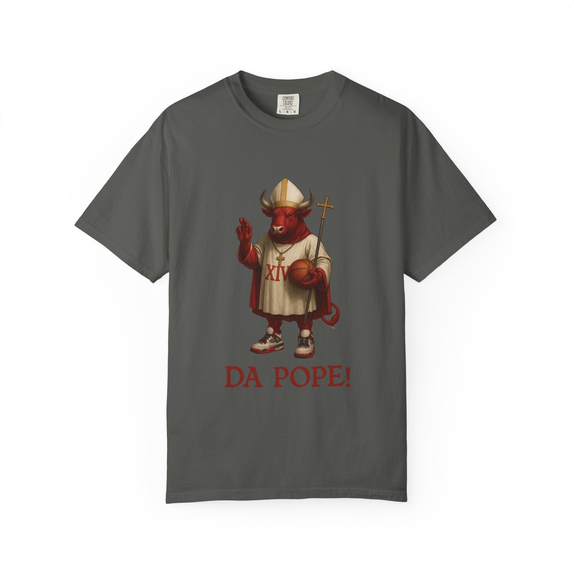 The front side of a pepper colored t shirt with a design of a red Bull dressed as the pope with the saying DA POPE! below.